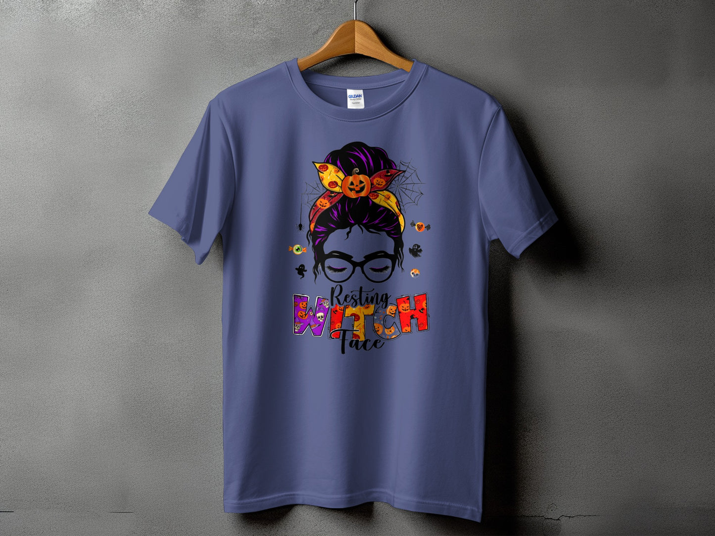 Purple t-shirt with "Resting Witch Face" graphic and Halloween icons.