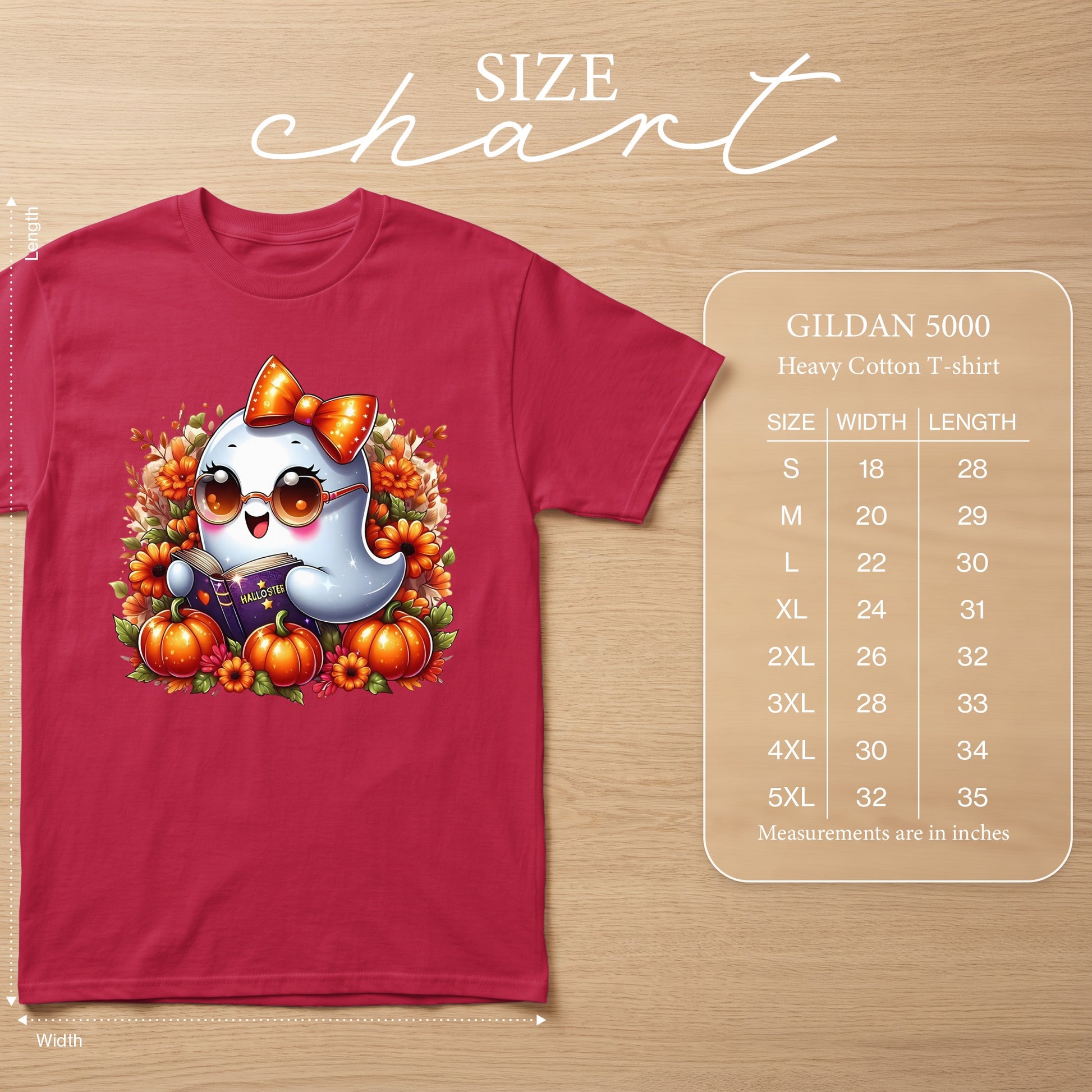Red Gildan 5000 heavy cotton t-shirt with a cute ghost reading a book.