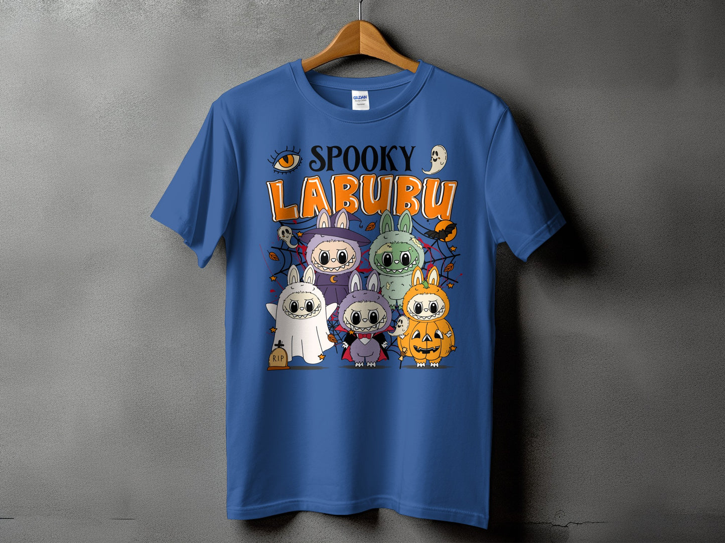 Blue t-shirt with "SPOOKY LABUBU" text and cartoon characters in Halloween costumes.
