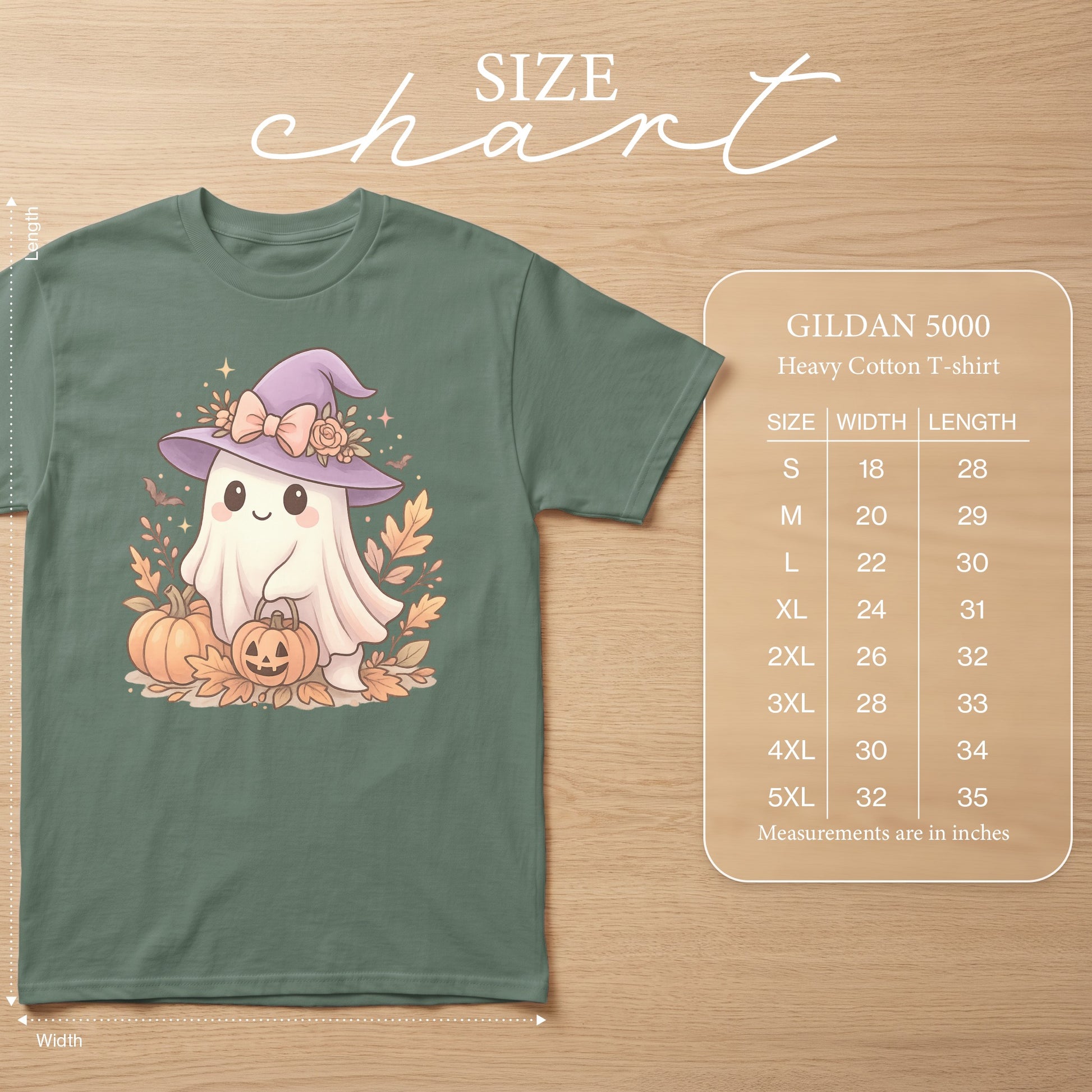 Green Gildan 5000 t-shirt with cute ghost, pumpkins, and autumn leaves graphic and size chart.