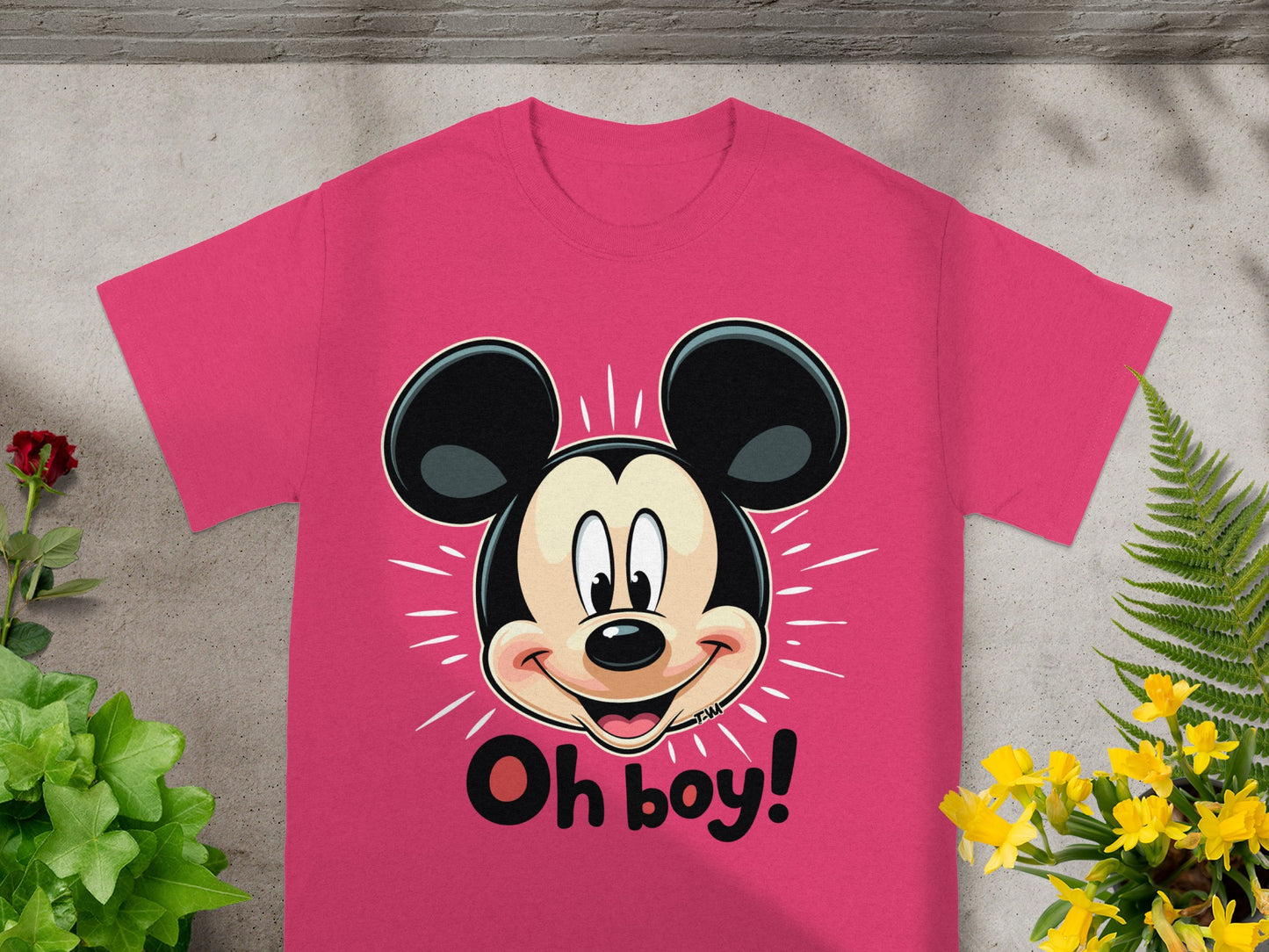 Mickey Mouse head graphic with "Oh boy!" text on a pink t-shirt.
