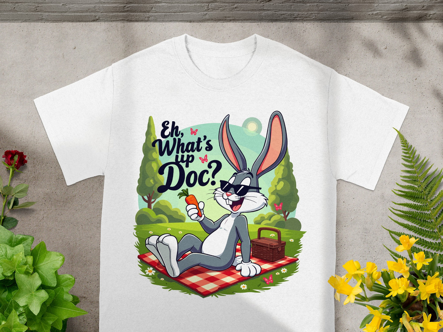 Bugs Bunny in sunglasses on a picnic blanket with a carrot.