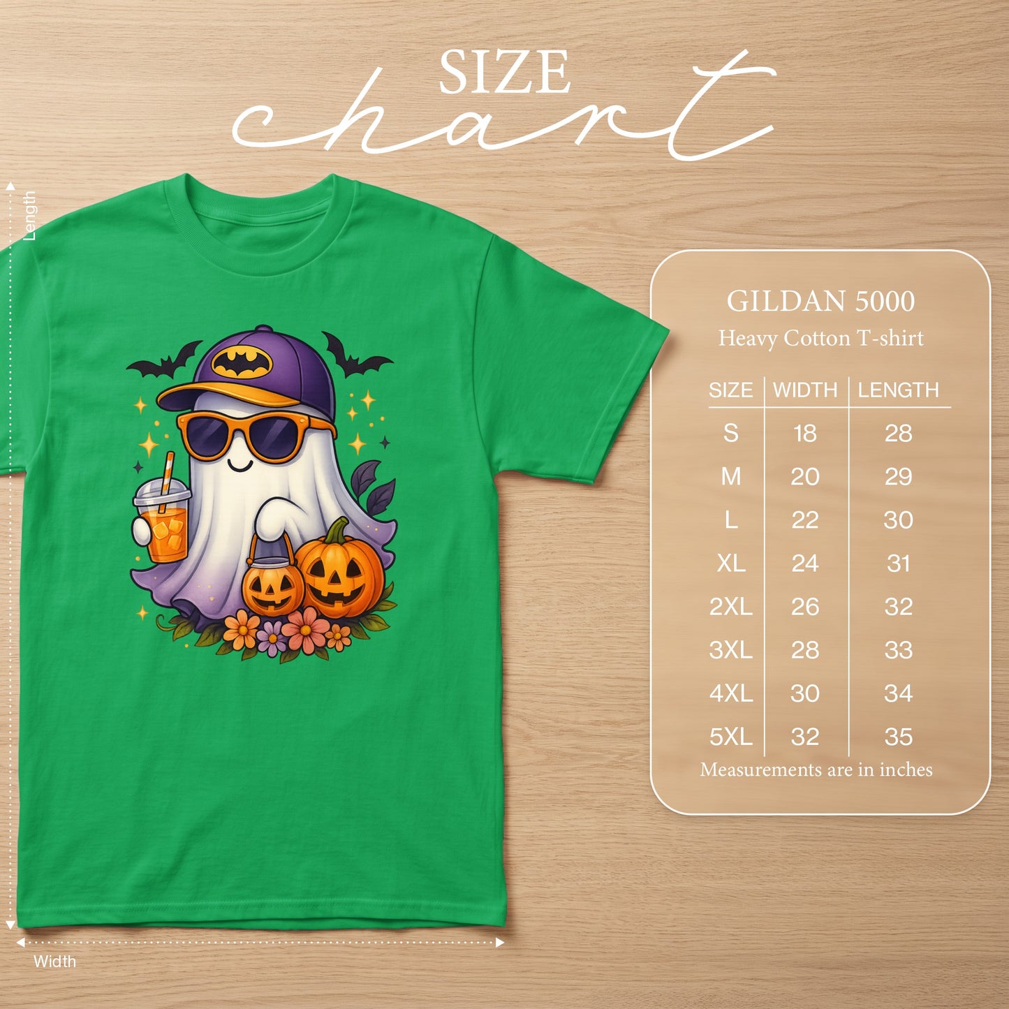 Green t-shirt with a ghost wearing sunglasses and a baseball cap holding a drink.