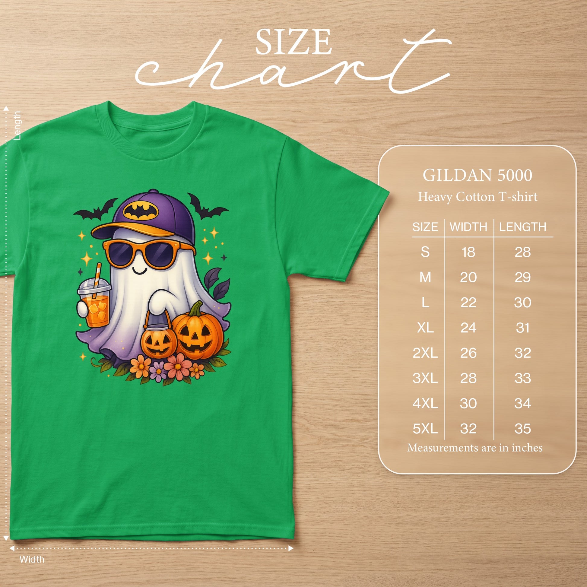 Green t-shirt with a ghost wearing sunglasses and a baseball cap holding a drink.