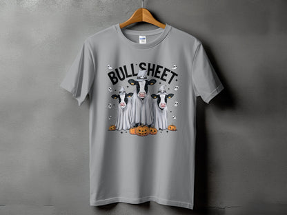 Gray t-shirt with three cows in ghost costumes and pumpkins.
