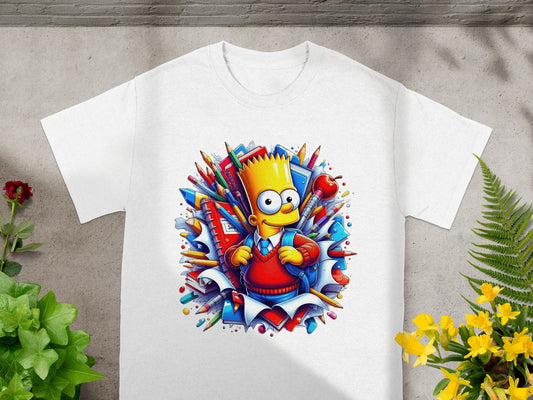White t-shirt featuring cartoon boy surrounded by school supplies.