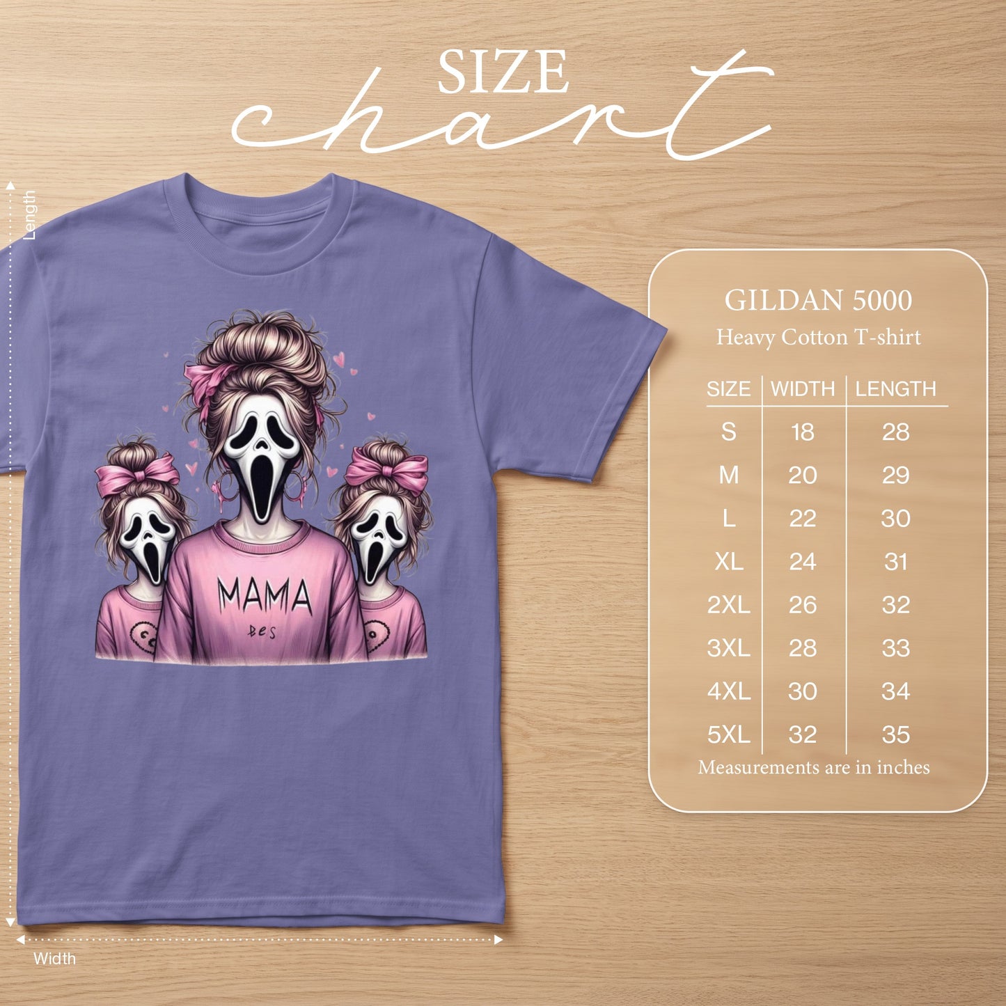 Purple t-shirt with Scream ghost mask graphic for Mama and two "bes."