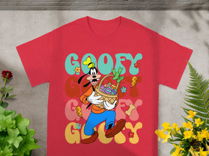 Red t-shirt with Goofy holding an Easter basket, featuring colorful text and floral graphics.
