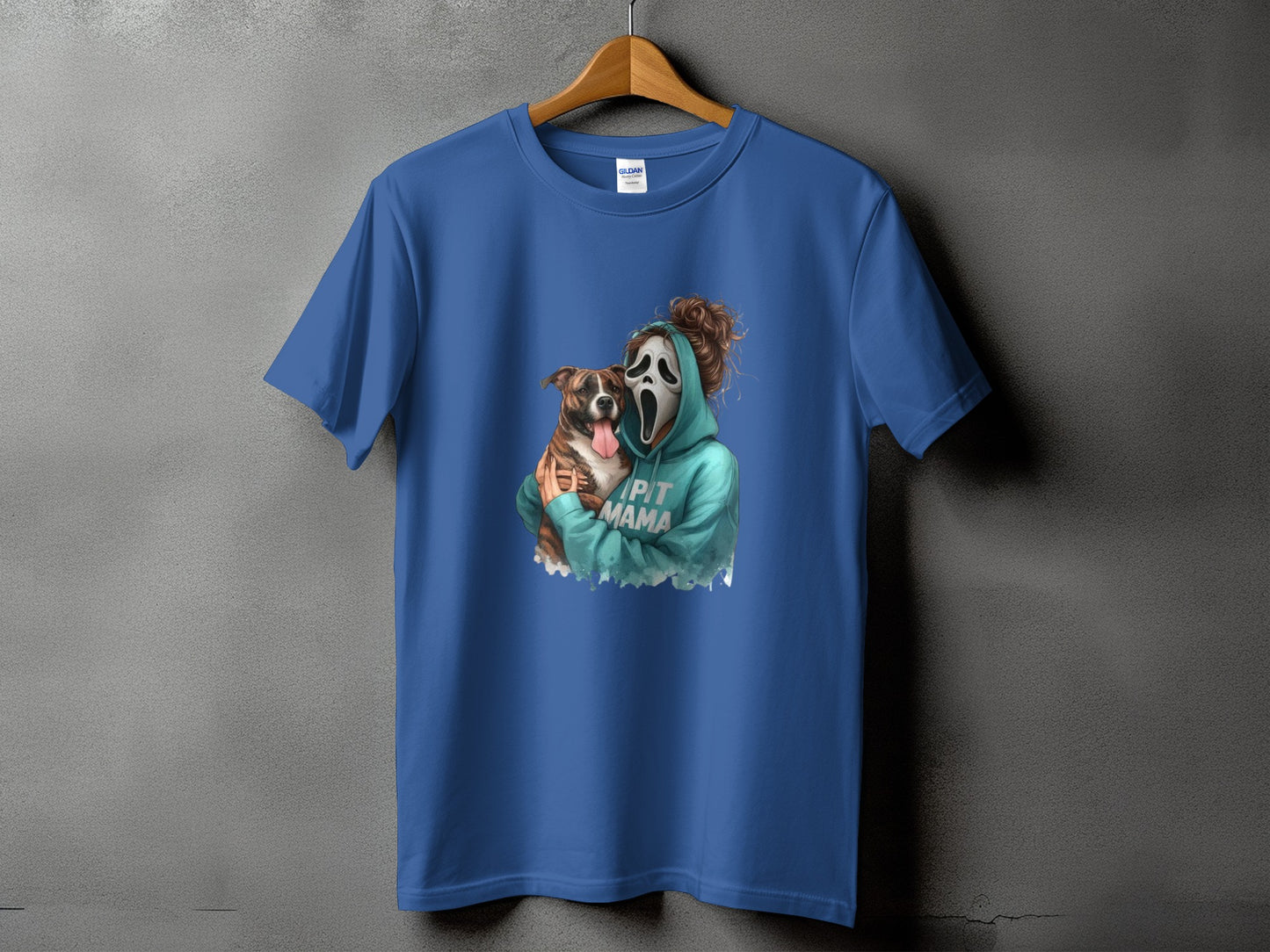 Blue t-shirt with a graphic of a person in a ghost mask holding a pit bull.