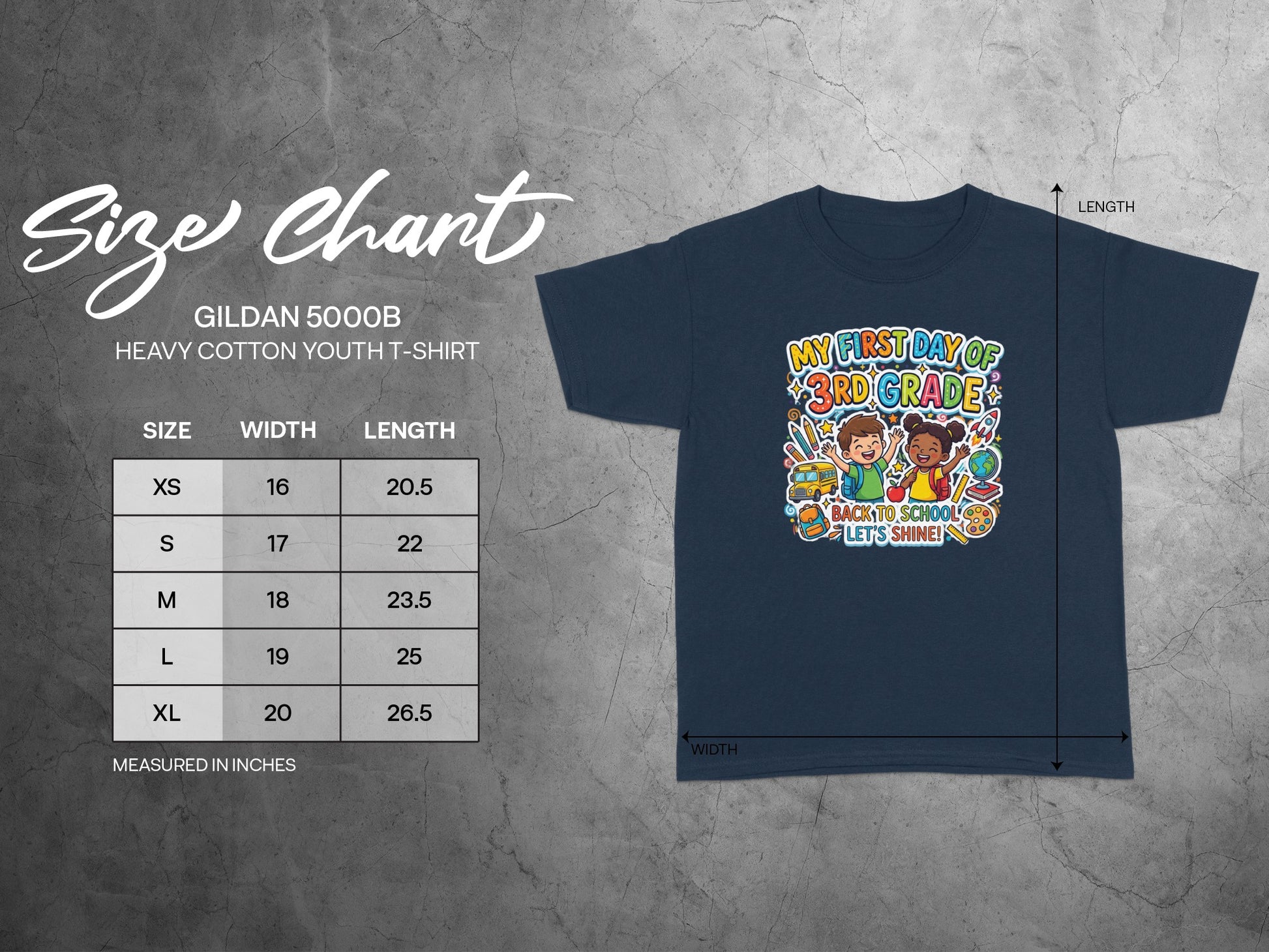Gildan 5000B youth t-shirt size chart showing width and length measurements in inches.