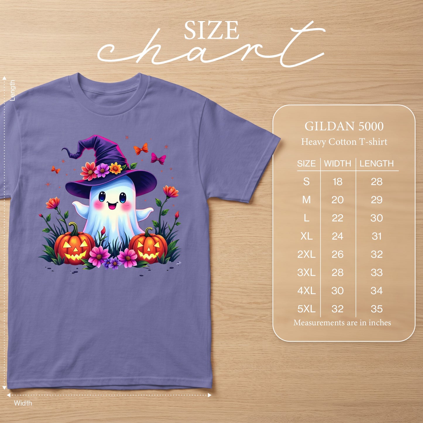 Purple t-shirt with a cute ghost, pumpkins, and flowers graphic and a Gildan 5000 size chart.