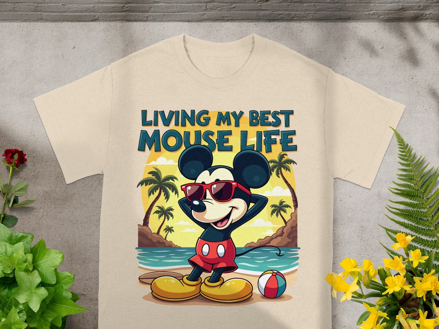 Mickey Mouse on beach with text "LIVING MY BEST MOUSE LIFE"