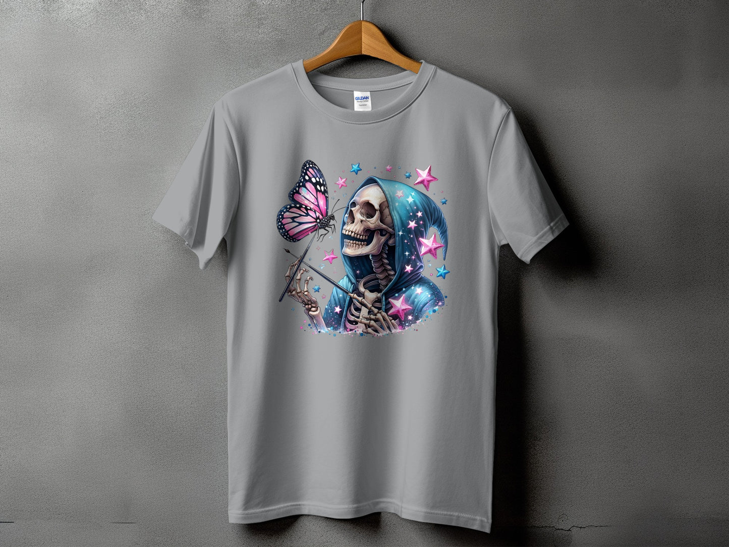 Gray t-shirt with skeleton in blue hooded robe holding a wand with a butterfly.