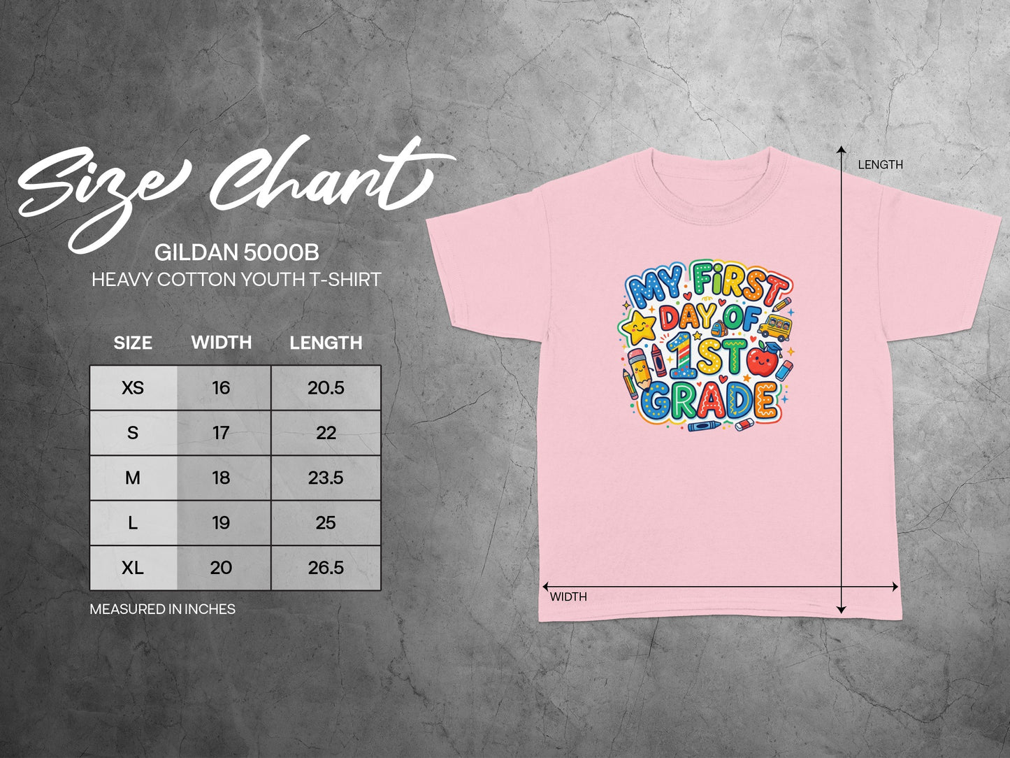 Pink youth t-shirt with "My First Day of 1st Grade" graphic and size chart.