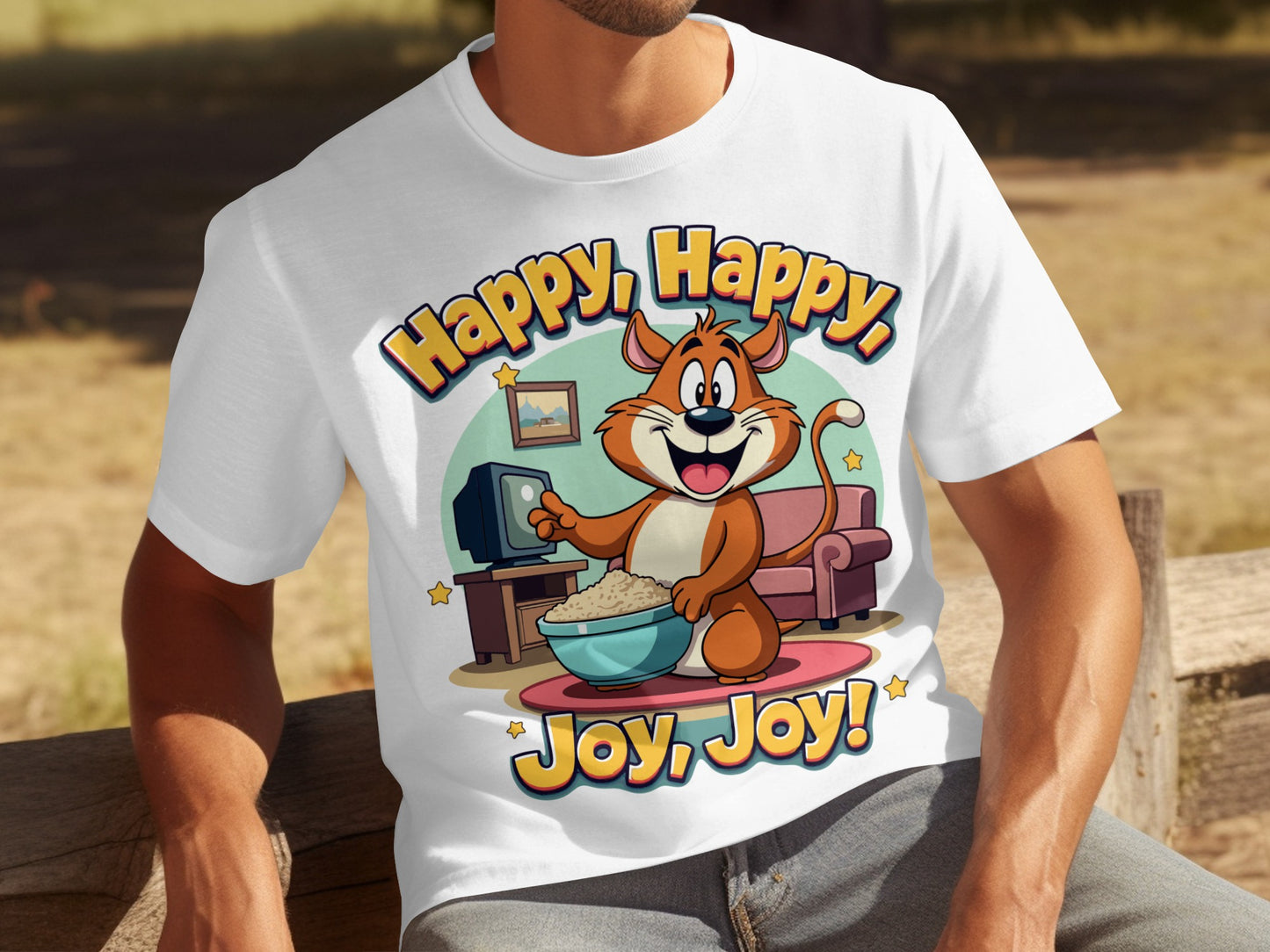 Happy Happy Joy Joy Cartoon Cat Eating Popcorn T-Shirt