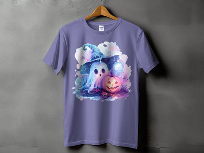 Purple t-shirt with a watercolor ghost wearing a witch hat and a jack-o'-lantern.