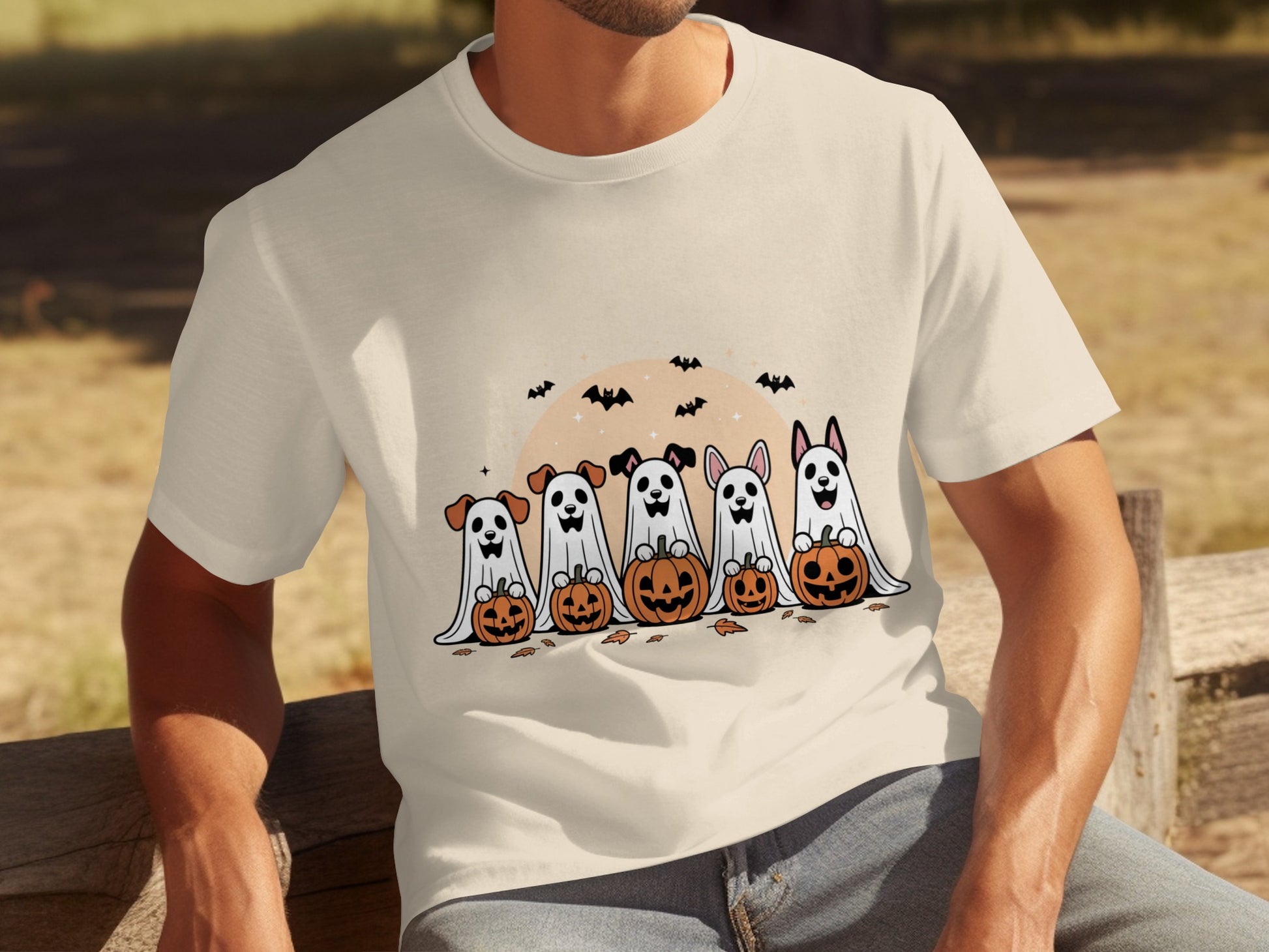 Ghostly Dogs with Pumpkins and Bats Halloween Shirt