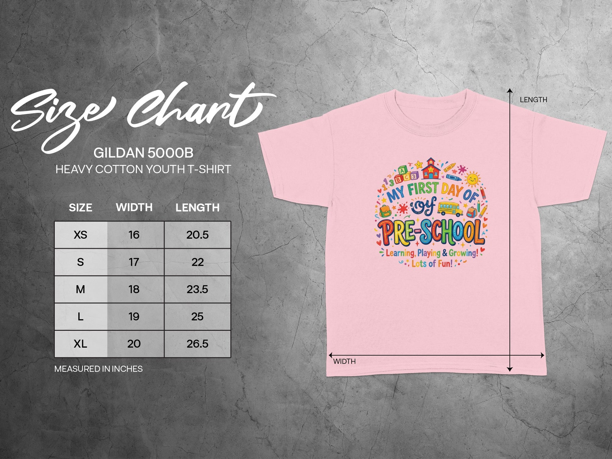 Gildan 5000B youth t-shirt size chart details width and length measurements.