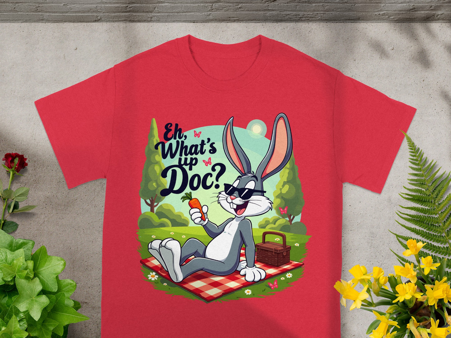 Red t-shirt with Bugs Bunny wearing sunglasses, holding a carrot.