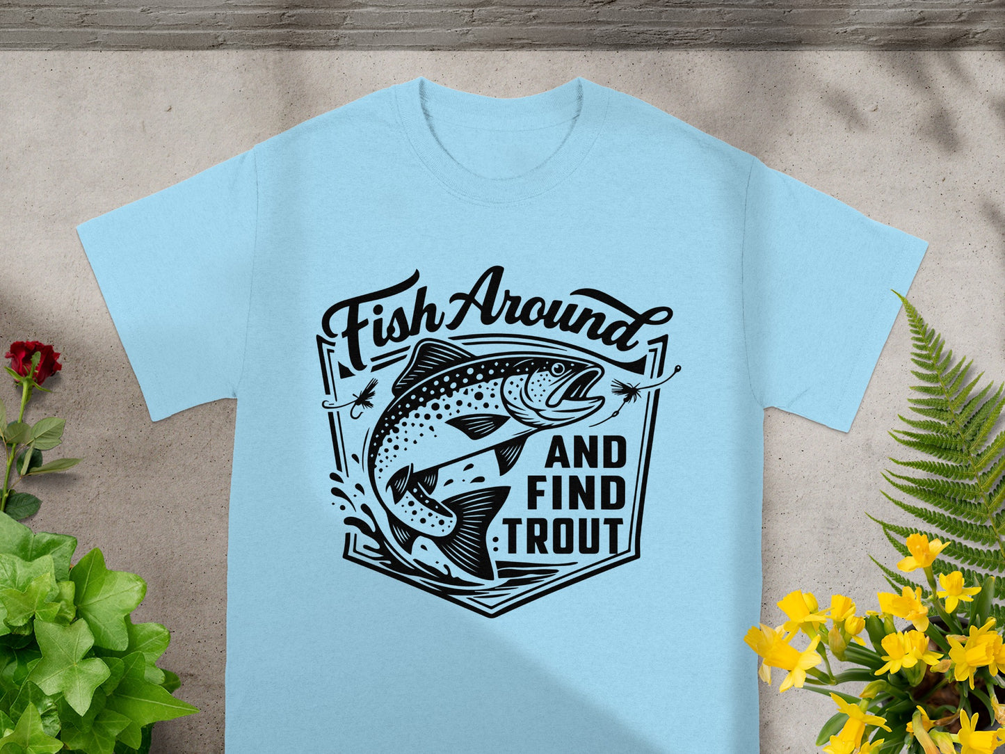 Light blue t-shirt with black trout fishing graphic and text.