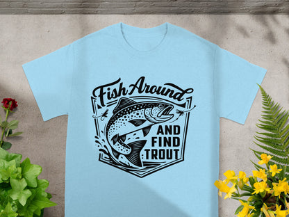 Light blue t-shirt with black trout fishing graphic and text.