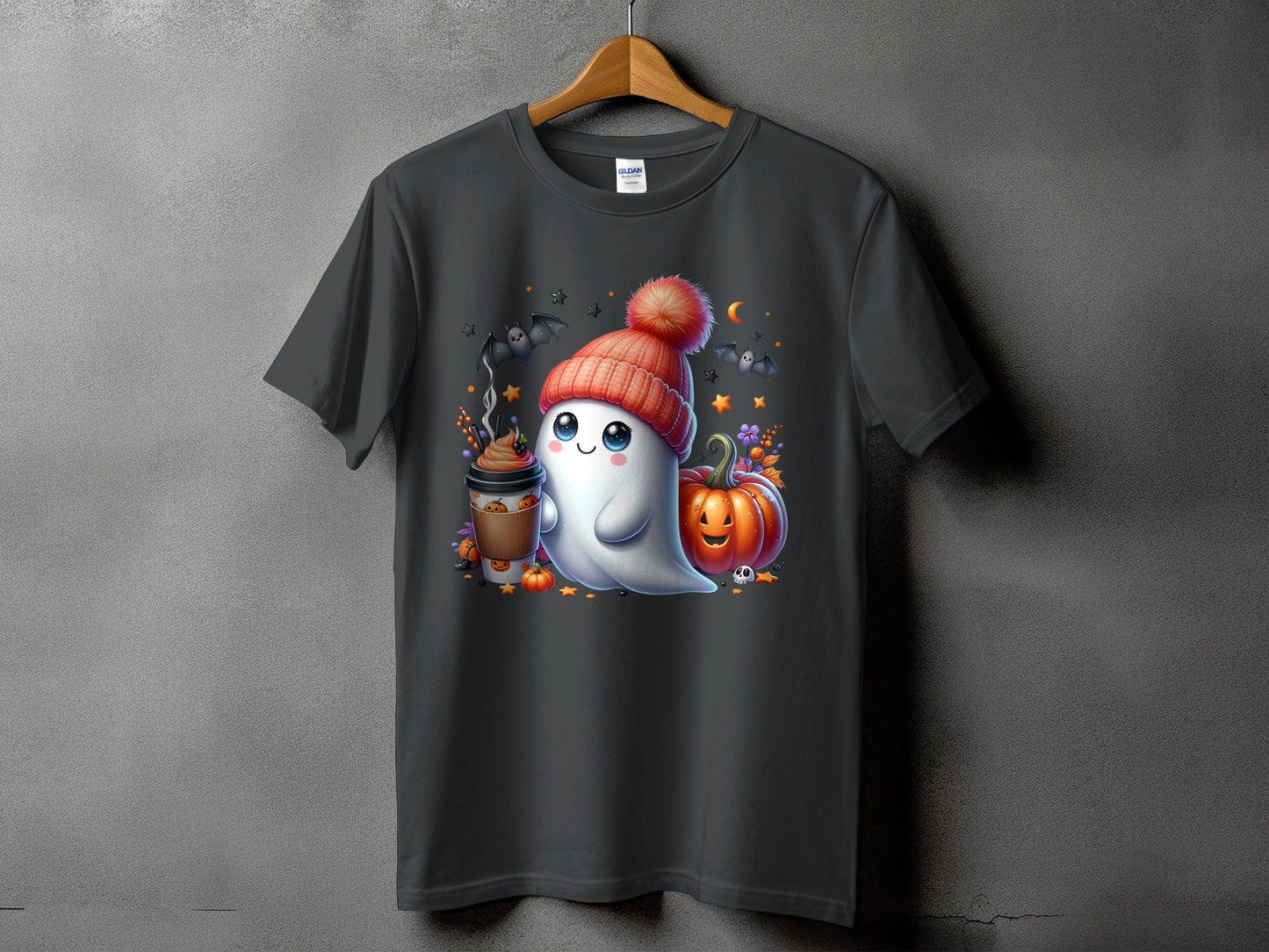 T-shirt with ghost, coffee, pumpkin, bats, and stars Halloween graphic.