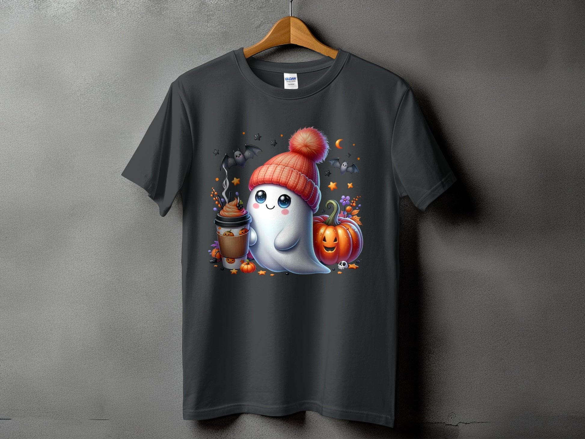 T-shirt with ghost, coffee, pumpkin, bats, and stars Halloween graphic.