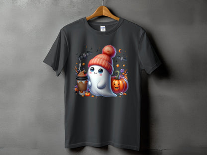 T-shirt with ghost, coffee, pumpkin, bats, and stars Halloween graphic.