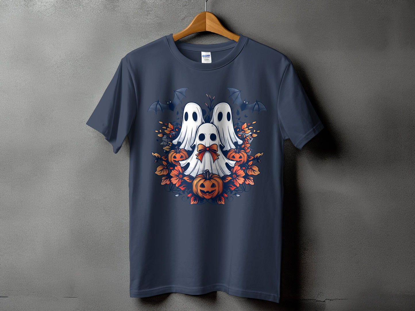 Dark gray t-shirt with three ghosts, pumpkins, bats, and floral Halloween design.