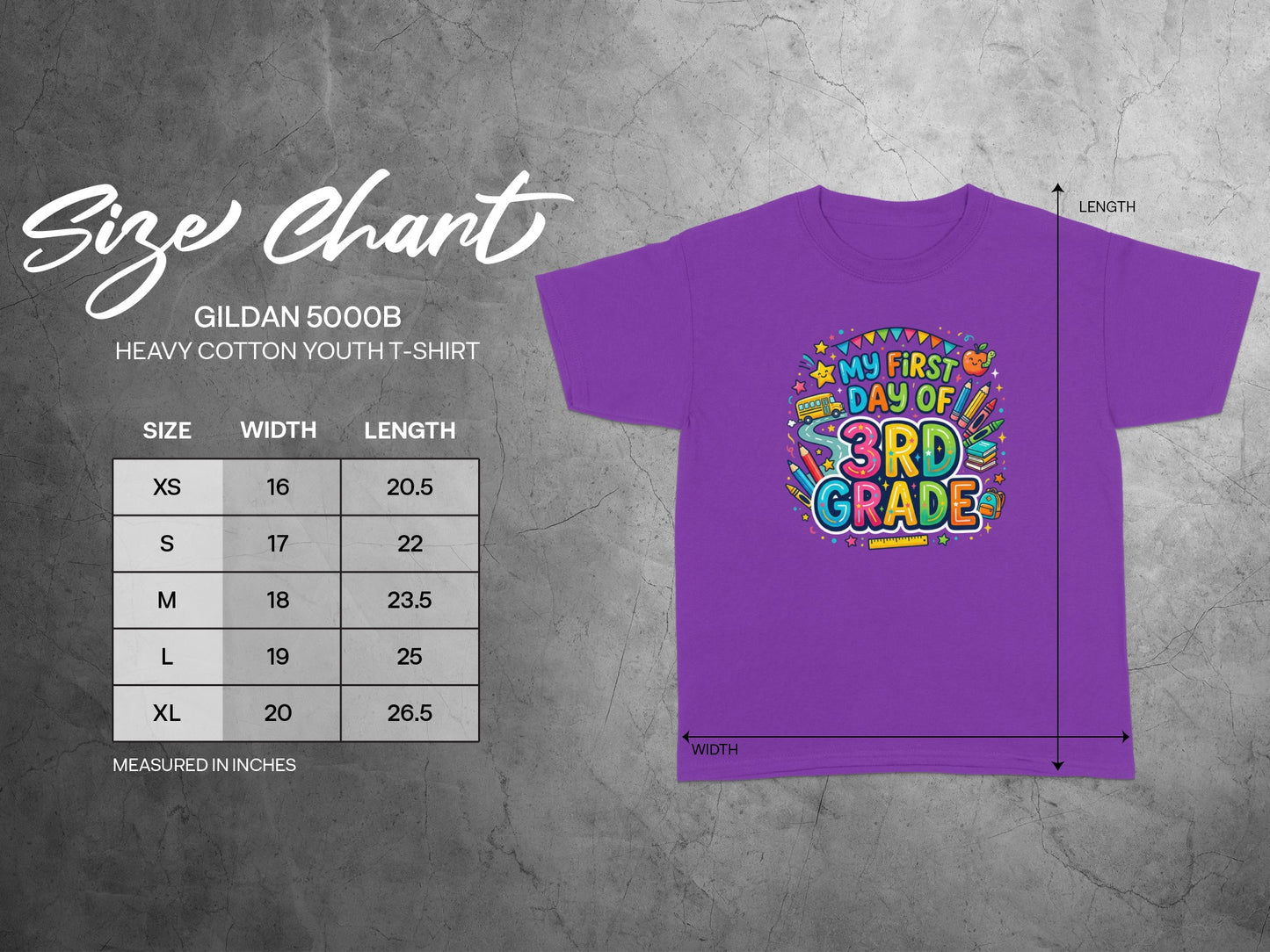 Gildan 5000B youth t-shirt size chart with "My First Day of 3rd Grade" graphic.