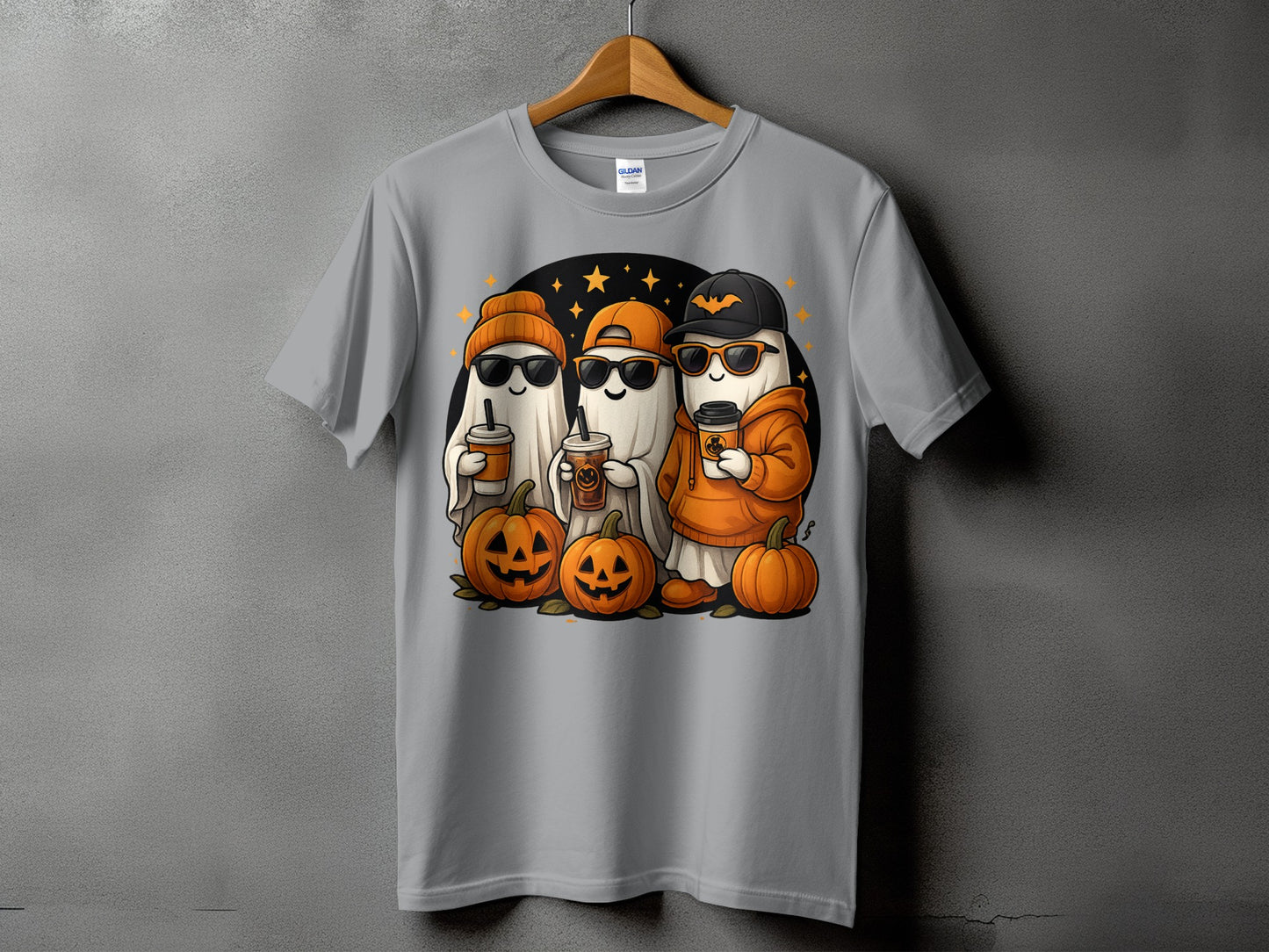 Three cartoon ghosts in sunglasses and Halloween hats hold coffee cups and stand with pumpkins.