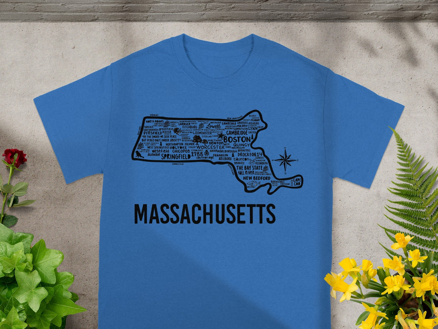 Massachusetts Map Cities Typography T-Shirt