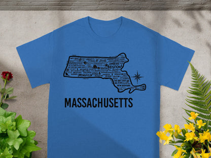 Massachusetts Map Cities Typography T-Shirt