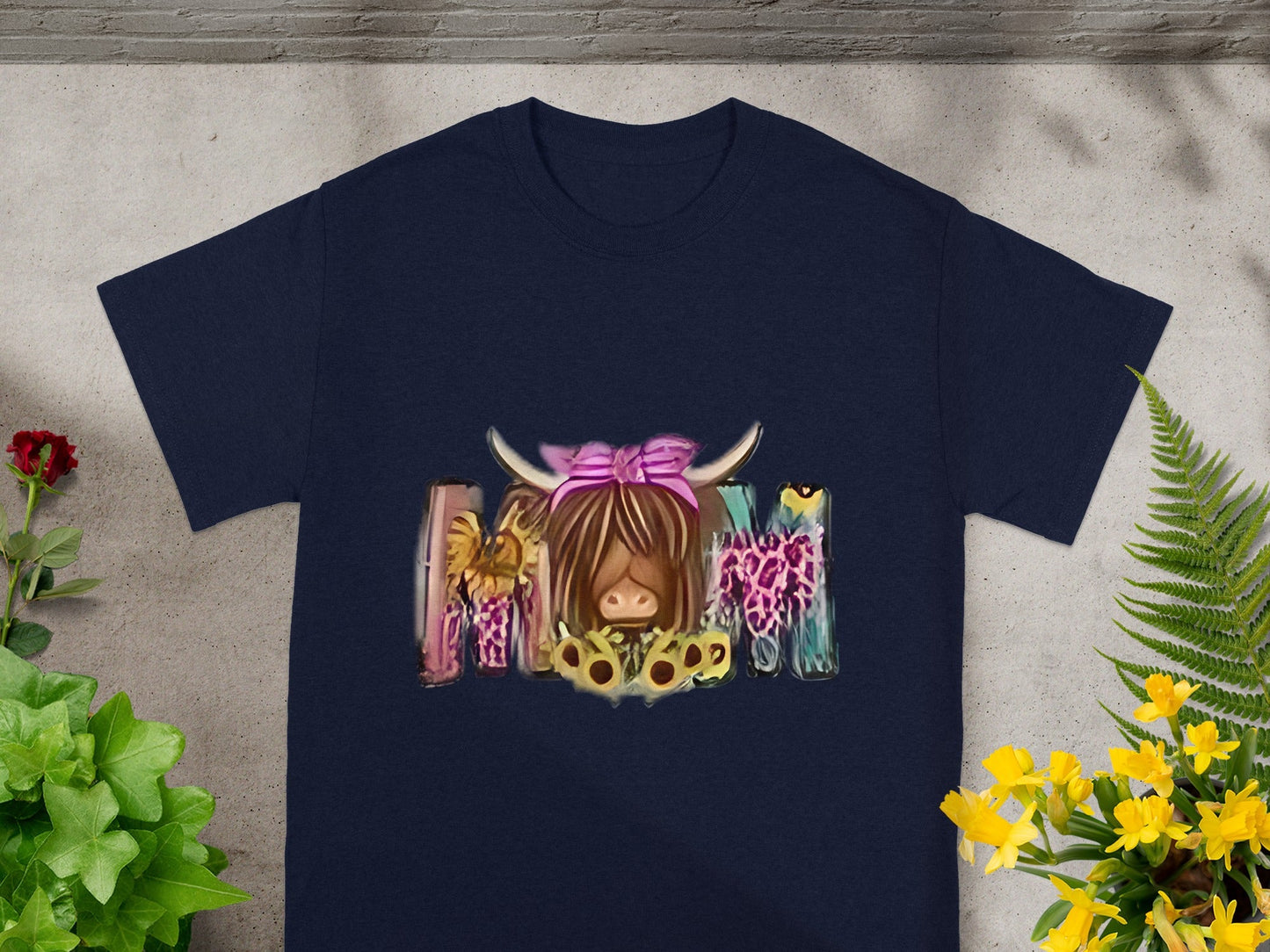 Cute Highland Cow T-Shirt Mom Design Floral Background
