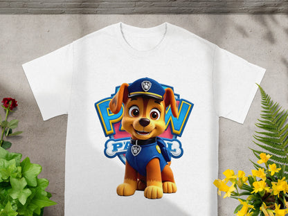 Chase from Paw Patrol on a white t-shirt.