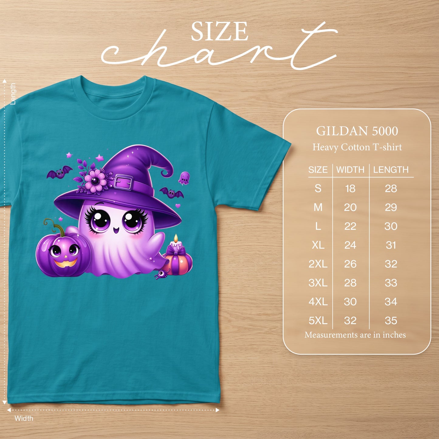 Teal Gildan 5000 t-shirt with purple ghost and pumpkin graphic and size chart.