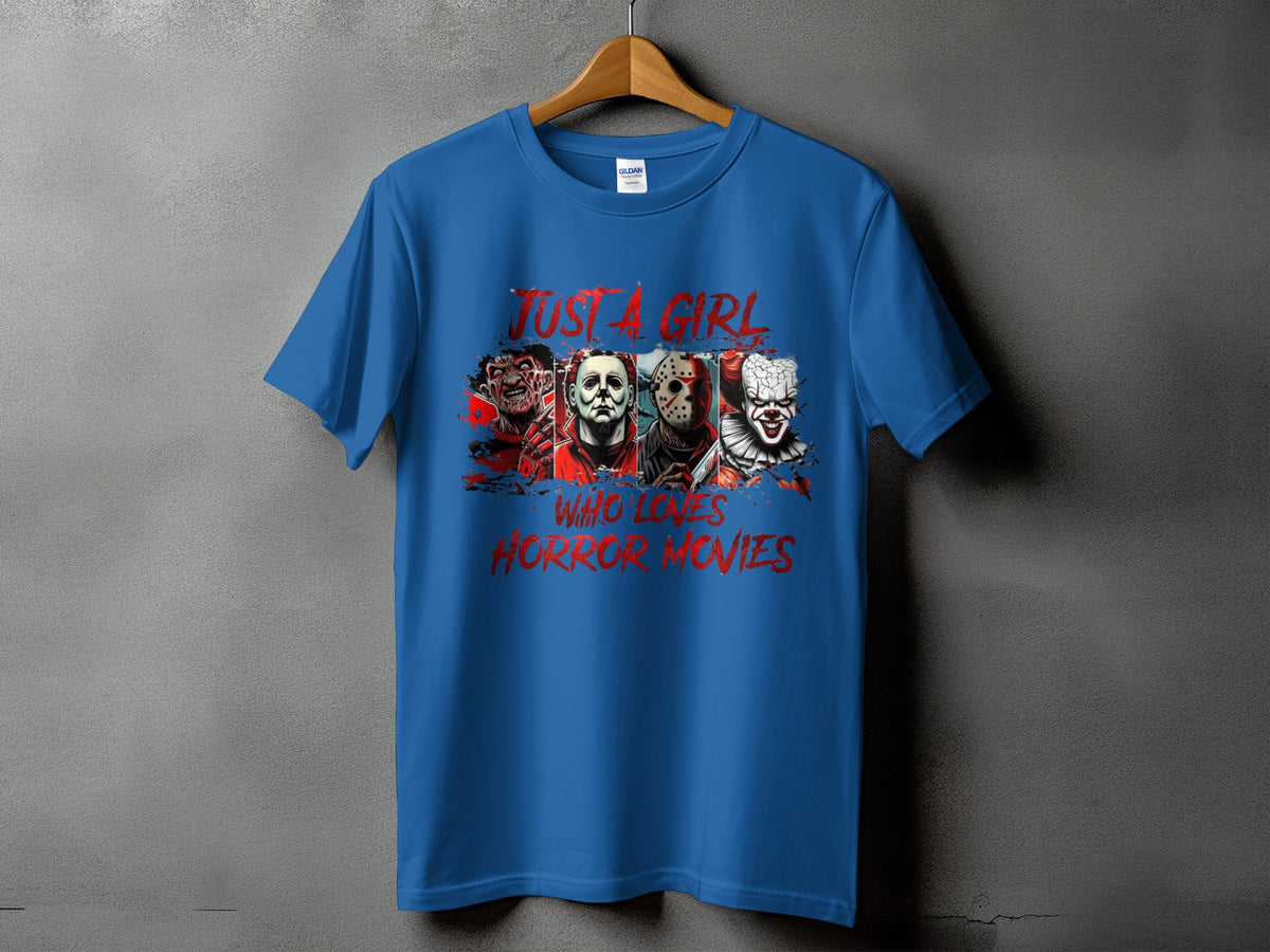 Blue t-shirt with "Just a Girl Who Loves Horror Movies" text and horror characters.
