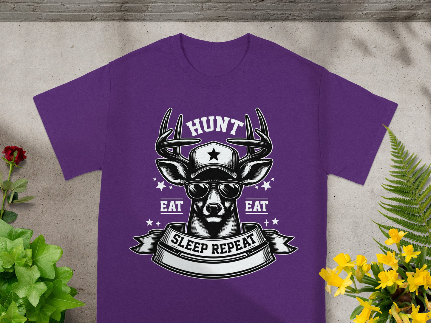 T-shirt with deer graphic and text "Hunt Eat Sleep Repeat"