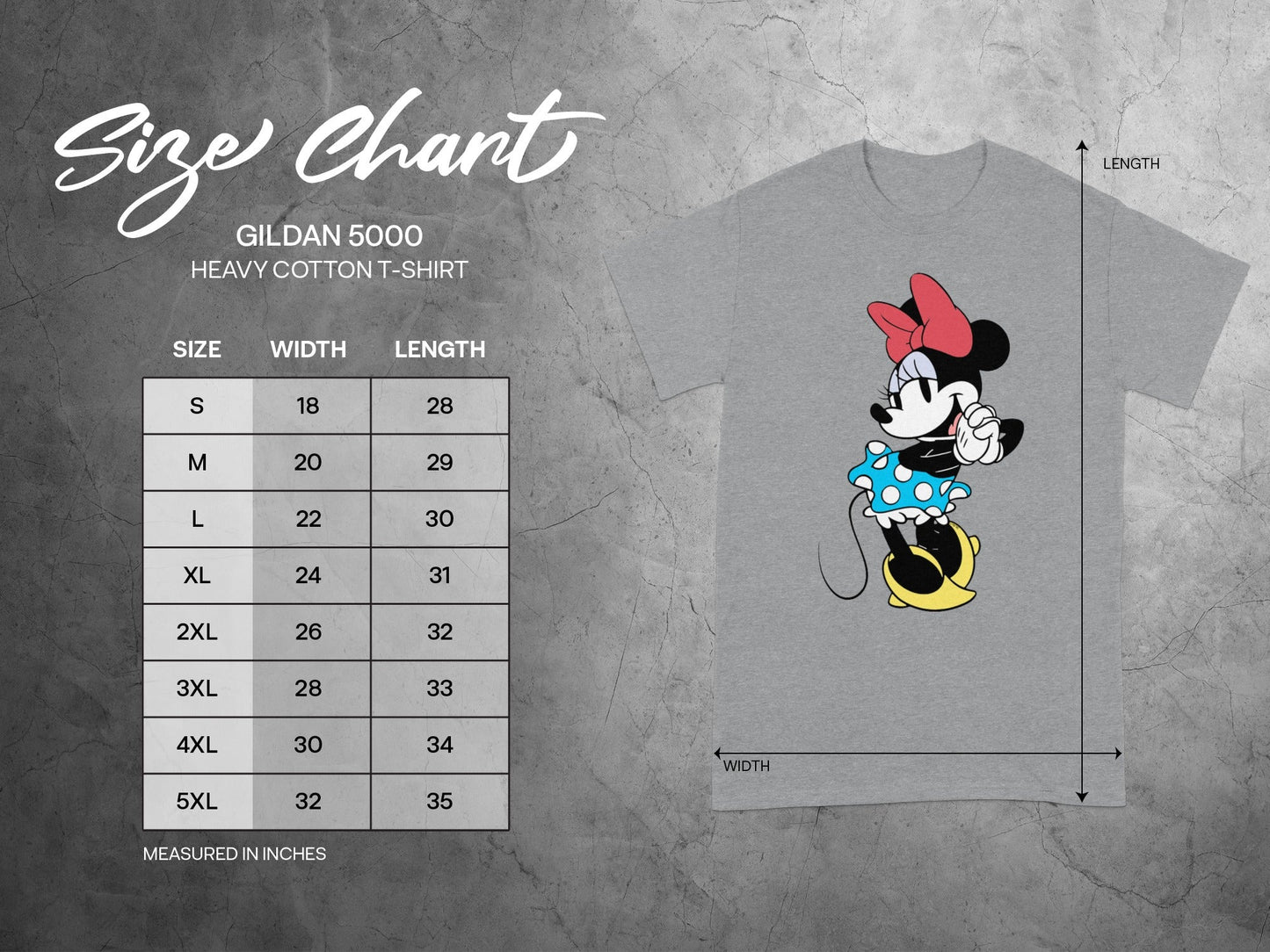 GILDAN 5000 Minnie Mouse Size Width Length product type