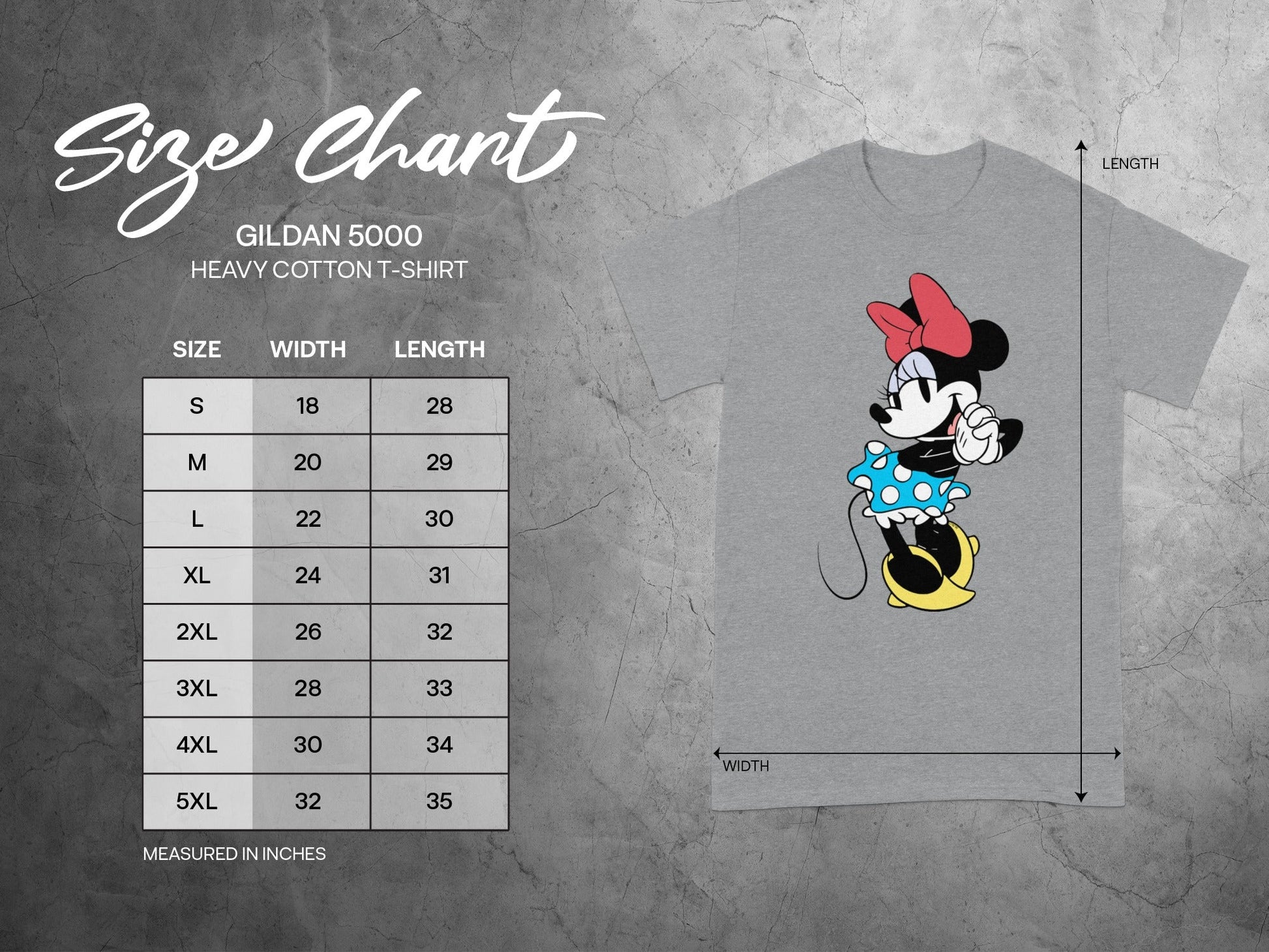 GILDAN 5000 Minnie Mouse Size Width Length product type