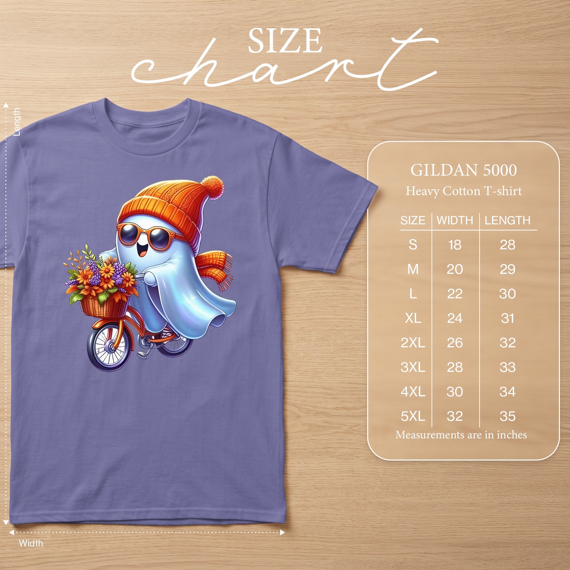 Ghost wearing hat and scarf rides bicycle with flowers, size chart for Gildan 5000 shirt.
