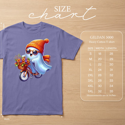 Ghost wearing hat and scarf rides bicycle with flowers, size chart for Gildan 5000 shirt.