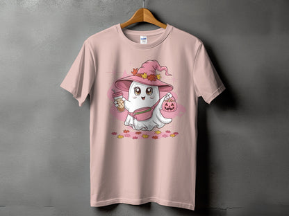 Cute ghost wearing witch hat with drink and pumpkin on pink t-shirt.