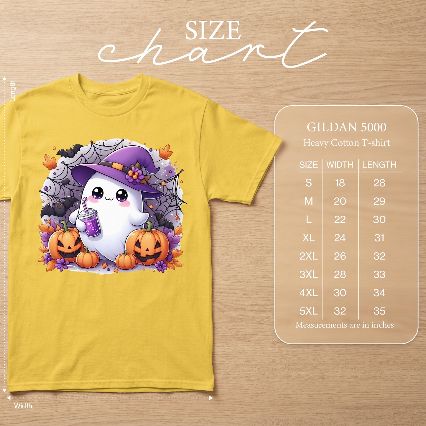 Yellow t-shirt with a cute ghost, pumpkins, bats, and a size chart.