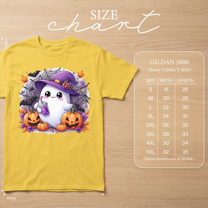 Yellow t-shirt with a cute ghost, pumpkins, bats, and a size chart.