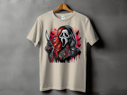 Ghostface mask with tattoos and knife on a beige t-shirt.
