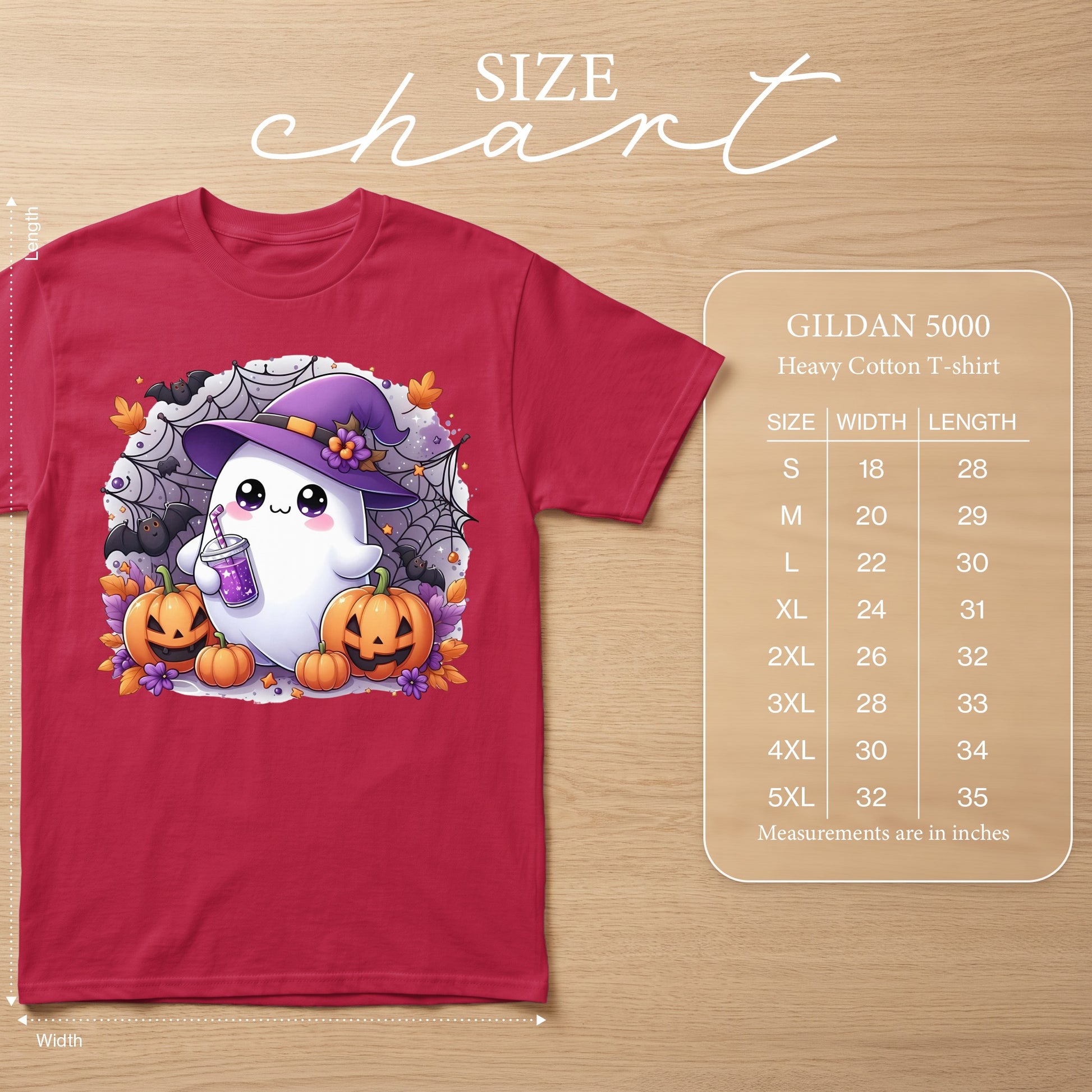 Red t-shirt with cute cartoon ghost, pumpkins, bats, and spiderwebs, alongside size chart.
