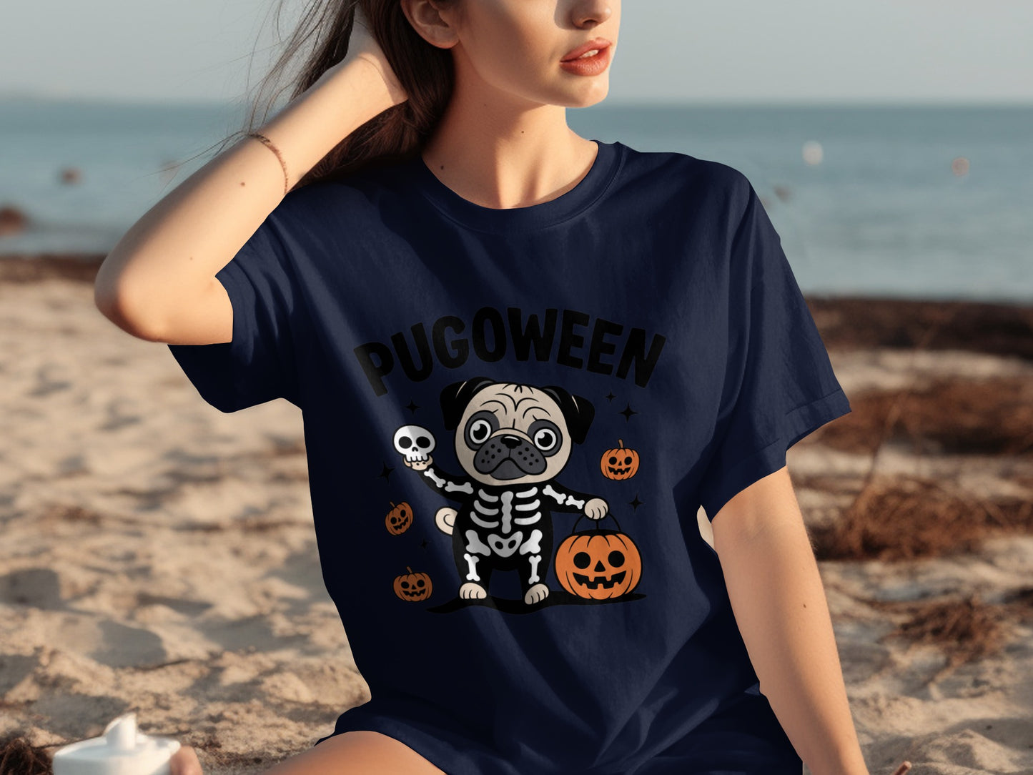 Pugoween Skeleton Pug Halloween Design T-Shirt