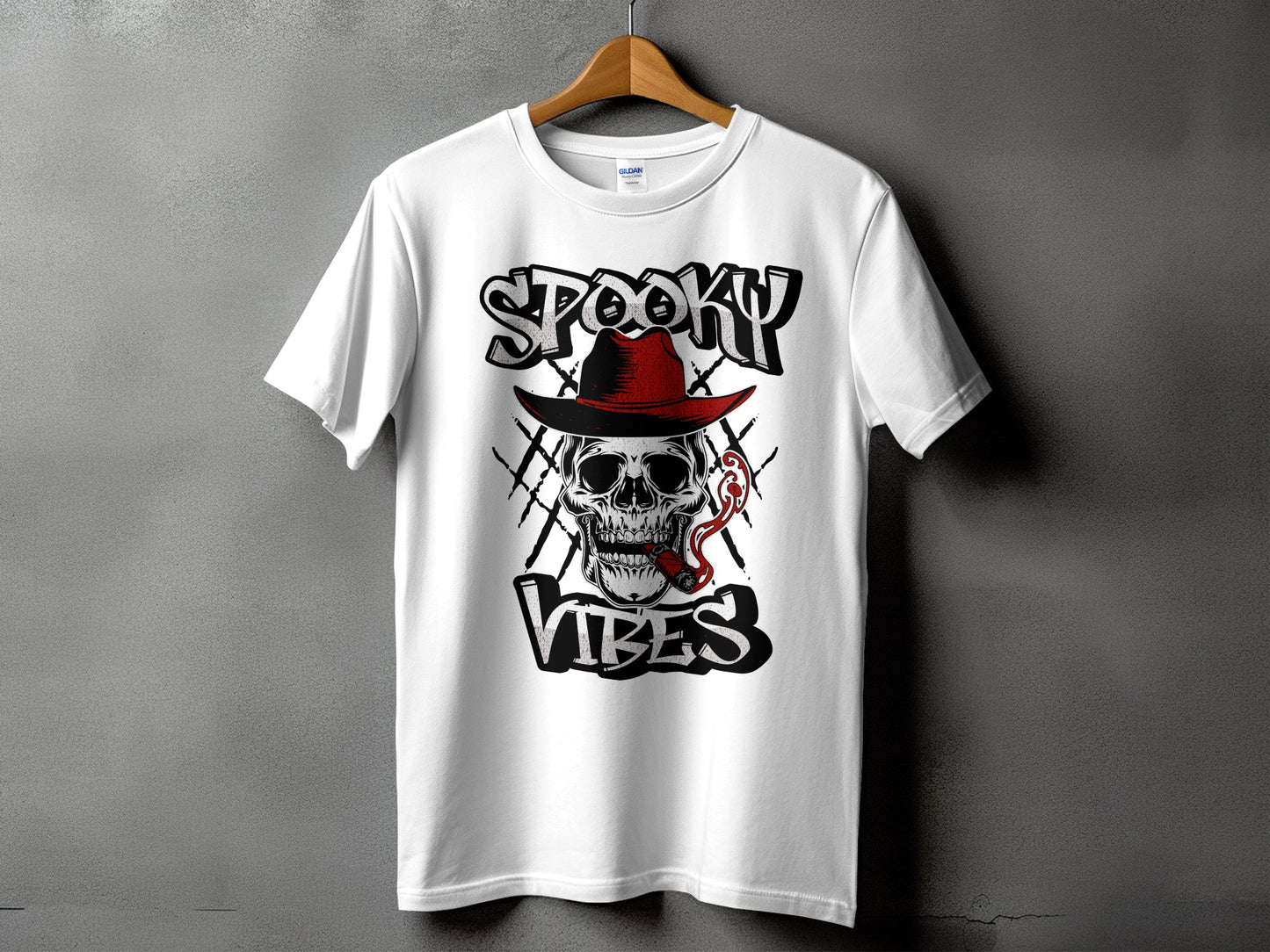 White t-shirt with "Spooky Vibes" text and a skull wearing a red hat.