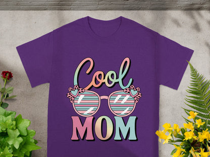 Purple t-shirt with "Cool MOM" and sunglasses graphic.
